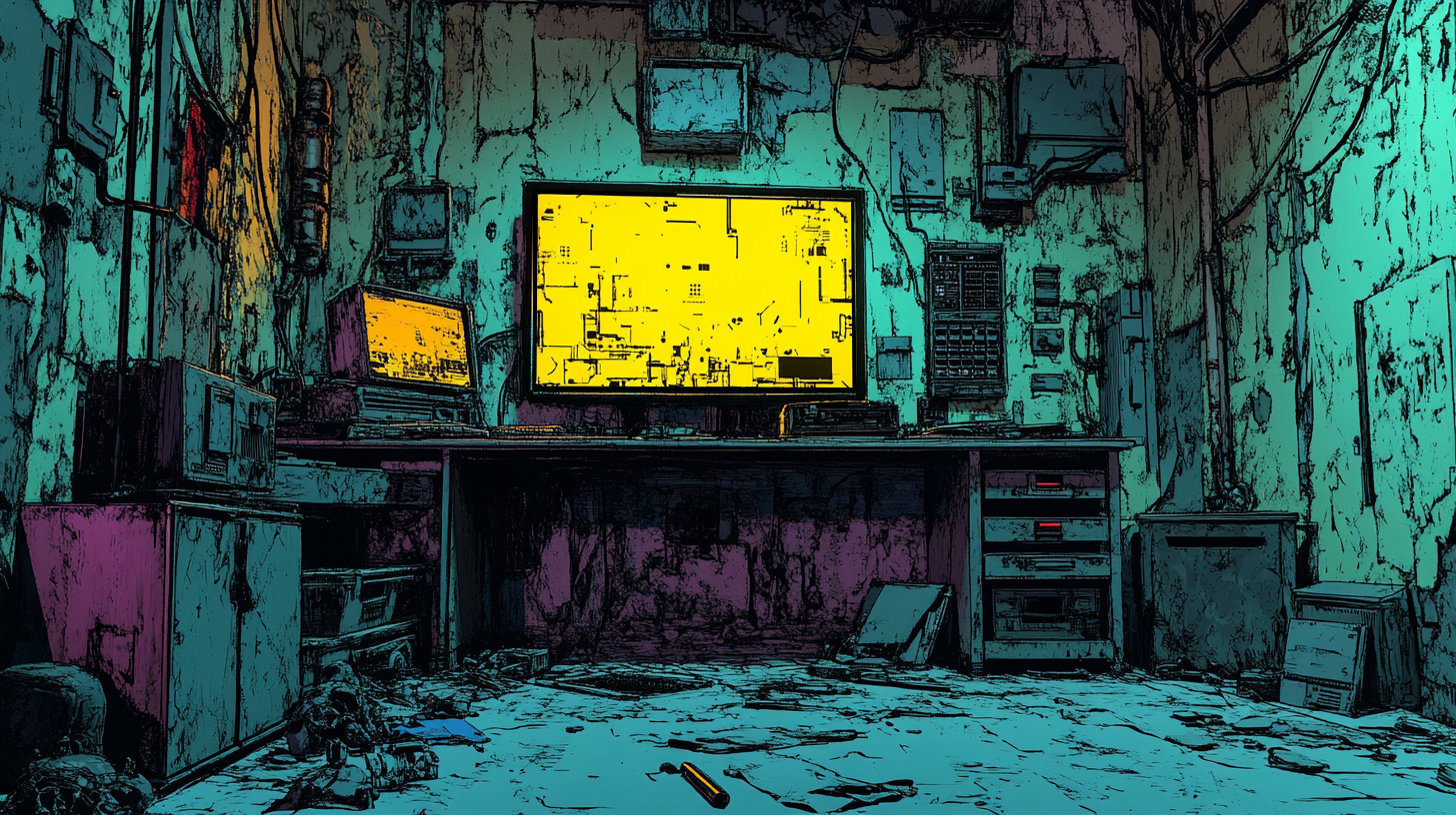 Run-down room with yellow screen